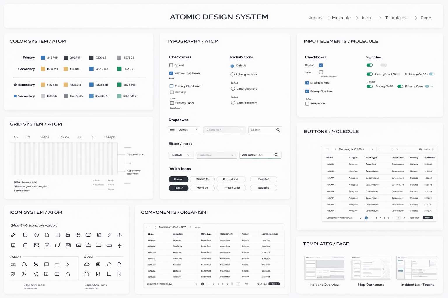 Atomic Design System — colors, typography, inputs, grid, icons, components, templates