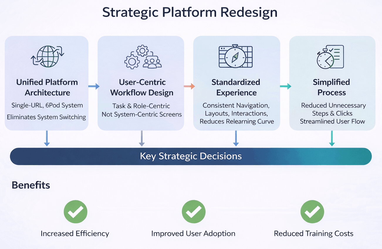 Strategic Platform Redesign — Unified Architecture → User-Centric Workflow → Standardized Experience → Simplified Process